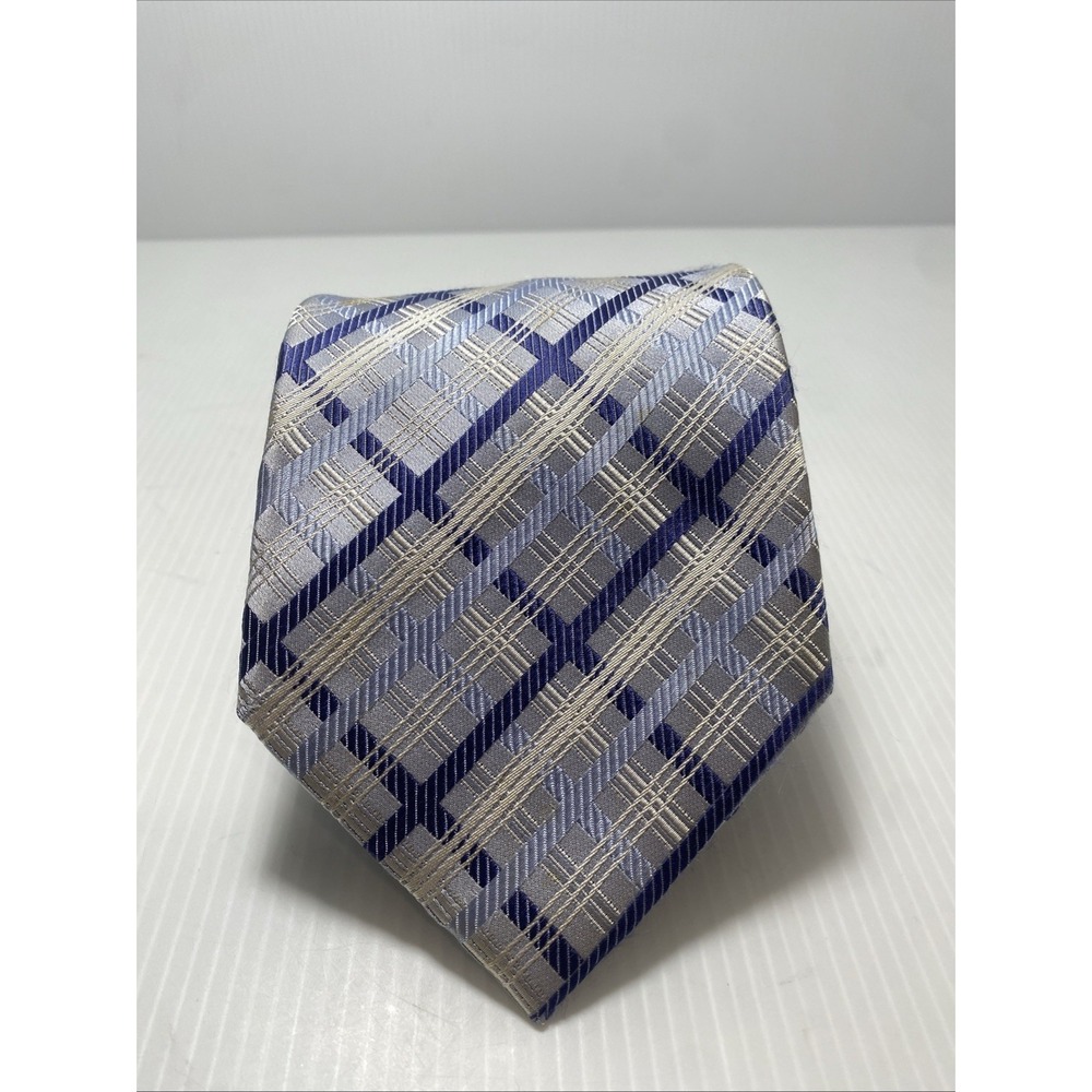BigLand Men's Silk Neck Tie Blue & Silver Plaid T53
